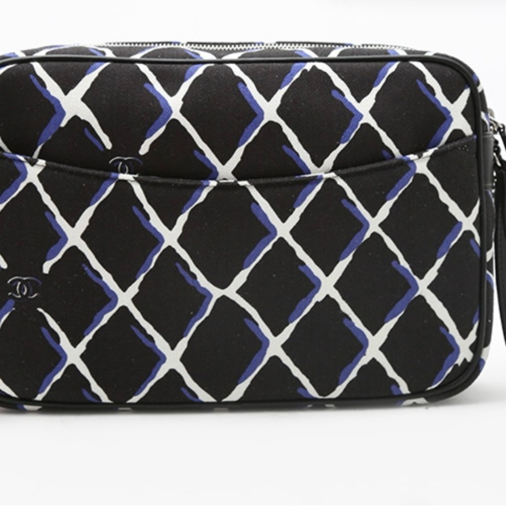 CHANEL Black and Blue Diamond Pattern Airline Canvas Bag
